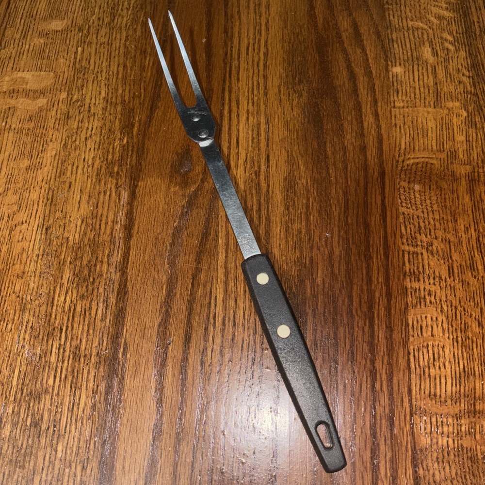 Vtg Ekco Forge Meat Fork Carving Serving 11.5 Black Riveted Handle Stainless USA